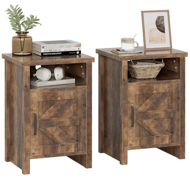 YESHOMY Farmhouse Modern Nightstands with Storage Shelf and Barn Door, Set of 2, for Bedroom, Pure Brown