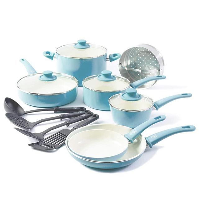 GreenLife CC003170-001 Soft Grip 15 Piece Ceramic Non-Stick Induction Cookware Set, Turquoise