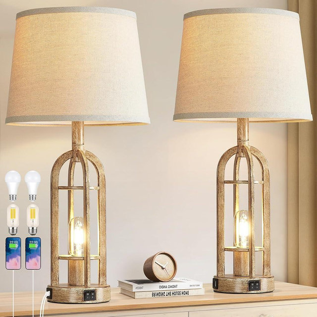 SRJJA Table Lamps for Living Room End Table Set of 2 - Rustic Farmhouse Bedside Lamps for Bedroom Nightstand with Nightlight and USB A+C, 4 Bulbs Included