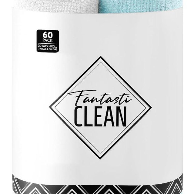 Fantasticlean Microfiber Cleaning Cloth Roll -60 Pack, Tear Away Microfiber Towels, 12" x 12", Reusable, Washable, Scratch Free, Ultra Absorbent Dish Rags for Car, Home, Garage or Shop (White & Blue)