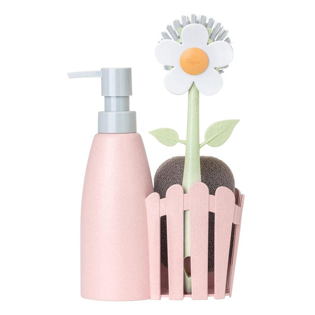 Vigar Florganic Kitchen Soap Dispenser Set, Dish Soap Dispenser with Sponge Caddy and Dish Brush, Daisy-Themed, Perfect Kitchen Sink Caddy, Pink
