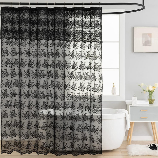 TUDECO Black Lace Shower Curtain with Attach Valance, Dark Gothic Shower Curtain Vintage Floral Sheer Halloween Shower Curtain for Bathroom Victorian Moody Witchy Goth Decor 72 x 72 Inch