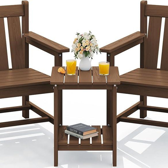 SEWRWALL 3 Pieces Patio Bistro Set, All Weather Adirondack Chair Set with Side Table, HDPE Material Outdoor Patio Furniture Set for Balcony, Porch, Garden, Backyard- Brown