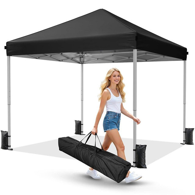 Driftalia 10x10 Pop Up Canopy Tent, Instant Setup Portable Canopy with Carry Bag, 4 Sandbags and 8 Stakes for Outdoor Events, Parties & Camping - Black