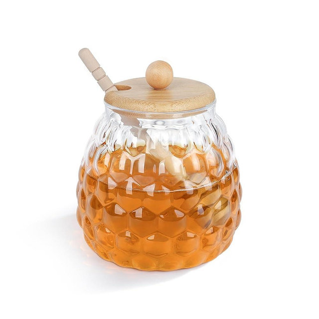 Joeyan Glass Honey Jars with Dipper and Lid,18.5 oz Honey Pot Container,Honeycomb-Style Glass Honey Dispenser for Honey Syrup Maple Jam