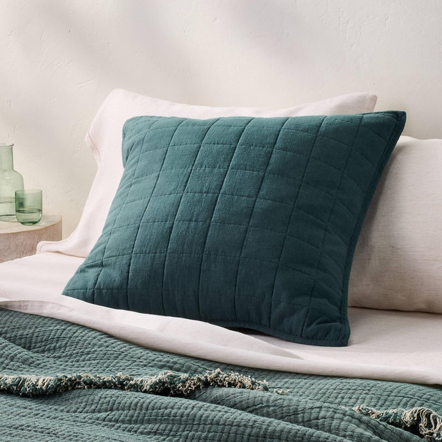 Euro Heavyweight Linen Blend Quilt Pillow Sham Dark Teal Blue - Casaluna™: Woven Rayon & Cotton, Zipper Closure, OEKO-TEX Certified