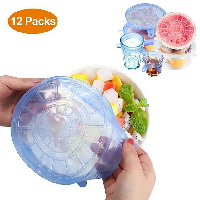 GEMITTO 12 Pcs Silicone Lids, Food Grade Silicone Toppers Reusable Stretchable Lid, Natural Odorless BPA-FREE Cover, 6 Sizes for Bowl Cup Plate Bottle Can, Safe for Dishwasher Microwave Freezer