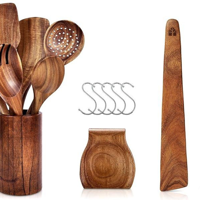 Wooden Spatulas & Wooden Spoons for Cooking – Wooden Utensil Set with Holder, Spoon Rest & Hooks – Spatulas Perfect for Flipping, Serving, Scraping & Turning