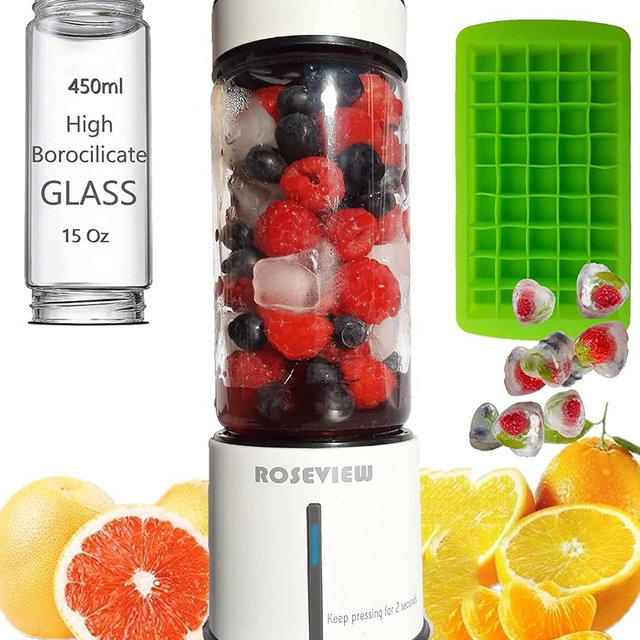 Portable Smoothie Blender ROSEVIEW Glass Cordless Mini Shakes Cup blend for smoothies USB rechargeable juicer 2 battery Handheld Personal travel Jet mixer