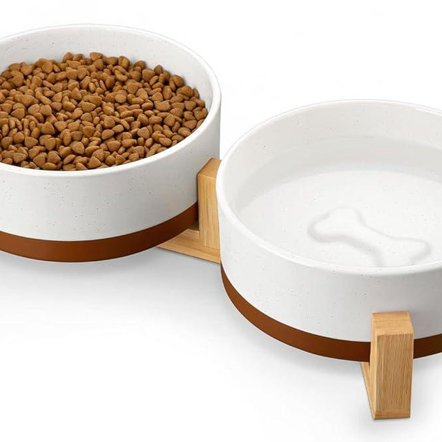 MALACASA Ceramic Dog Bowls, Dog Bowls for Medium Sized Dogs with Wood Stand - Pet Food & Water Bowl Set for Cat Medium Dogs, Weighted Glaze Matte.34 OZ (M-3.5 Cups)