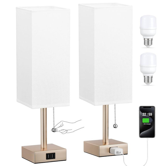 Gold Bedside Table Lamps for Bedroom Set of 2 - Small Rectangular Nightstand Lamp with AC Outlet Charging Port, 3 Color Temperatures Desk Light, Tabletop Reading Lamp for Living Room/Dorm/Office