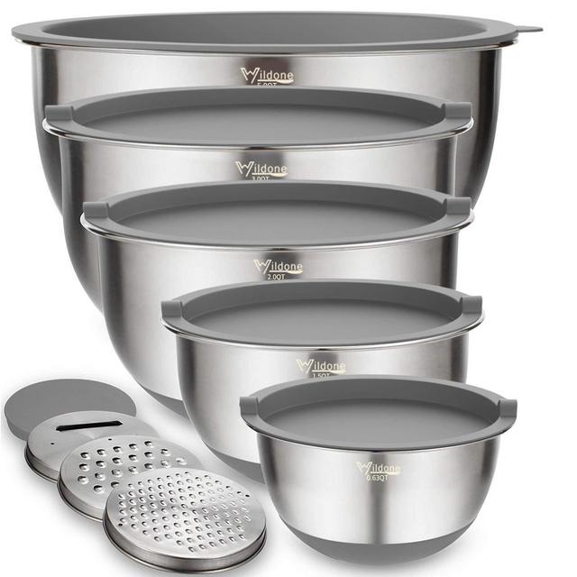 Mixing Bowls Set of 5, Wildone Stainless Steel Nesting Bowls with Grey Airtight Lids, 3 Grater Attachments, Measurement Marks Non-Slip Bottoms, Size 5, 3, 2, 1.5, 0.63 QT, Ideal for Mixing Serving