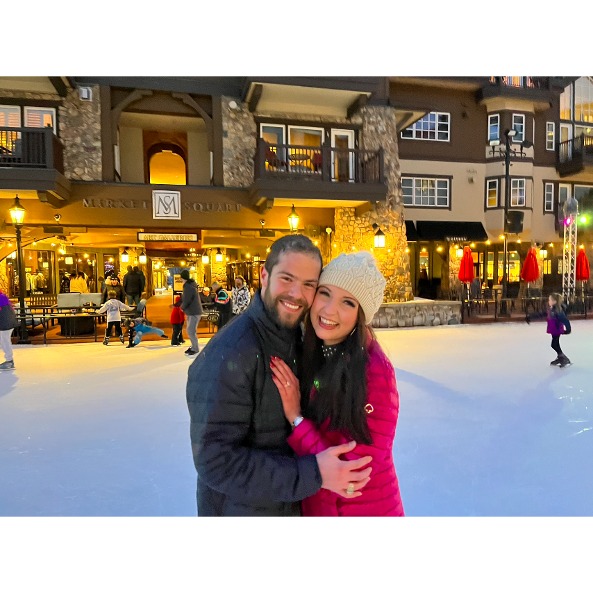 Erik proposed on a beautiful ice rink at the base of a mountain in Beaver Creek, Colorado.