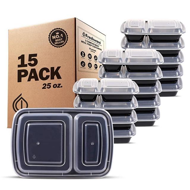 Freshware Meal Prep Containers [15 Pack] 2 Compartment with Lids, Food Storage Containers, Bento Box | BPA Free | Stackable | Plastic Containers, Microwave/Dishwasher/Freezer Safe (25 oz)