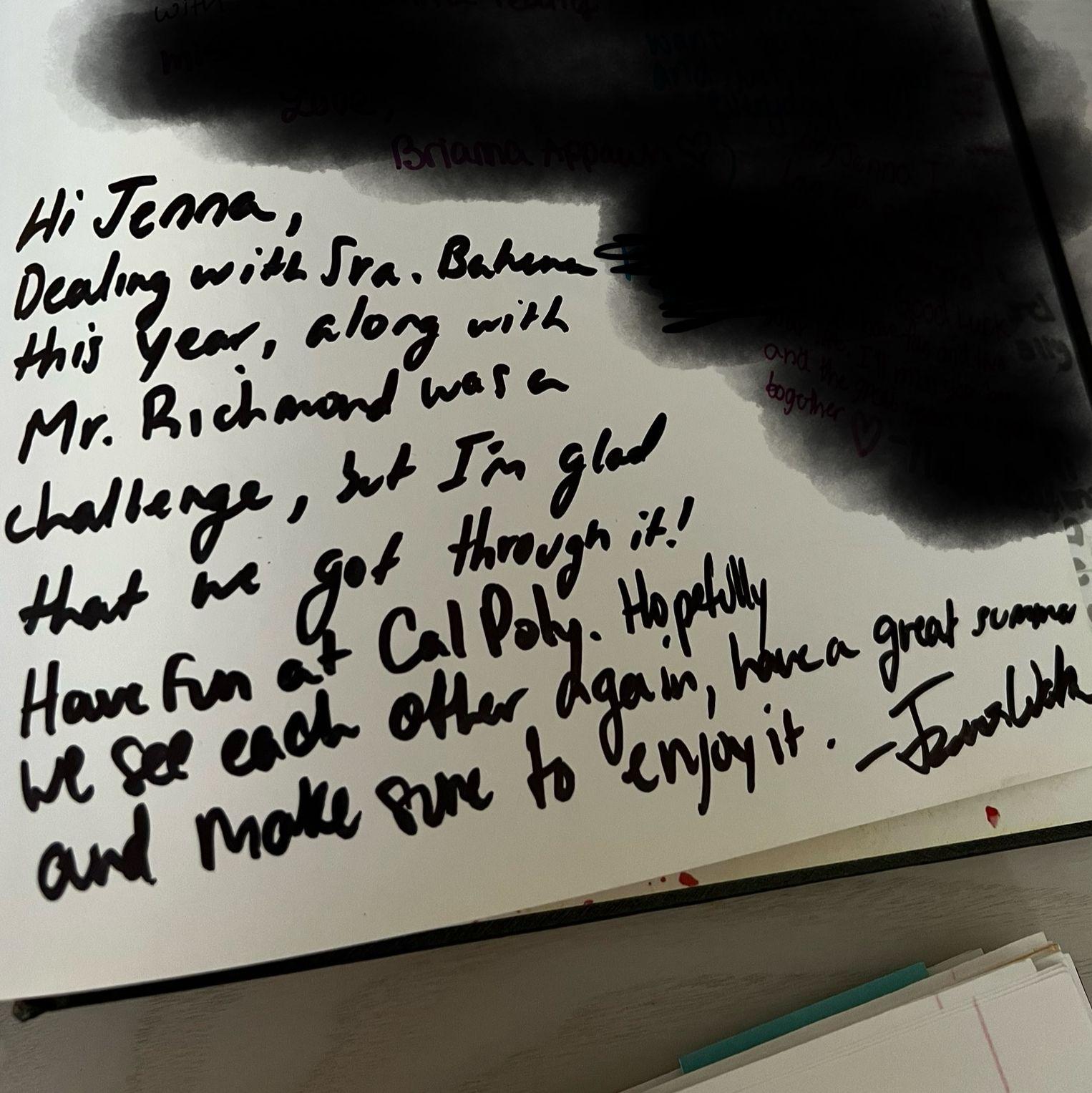 What Trevor wrote in Jenna's 2016 High School year book