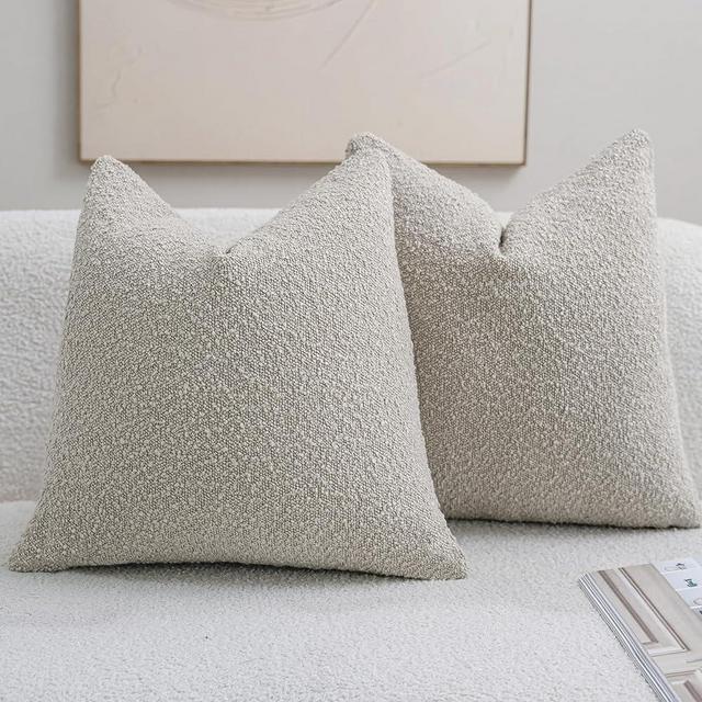 DEZENE Textured Boucle Throw Pillow Covers 18x18 Neutral for Bed Couch Sofa Living Room, Pack of 2 Square Soft Accent Decorative Pillow Cases (Covers ONLY)