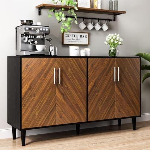 4 EVER WINNER Sideboards and Buffets with Storage, Buffet Cabinet with Storage, 4 Door Credenzas for Living Room, Mid Century Modern Sideboard, 58 Inch Coffee Bar Cabinet Dining Room Kitchen, Black