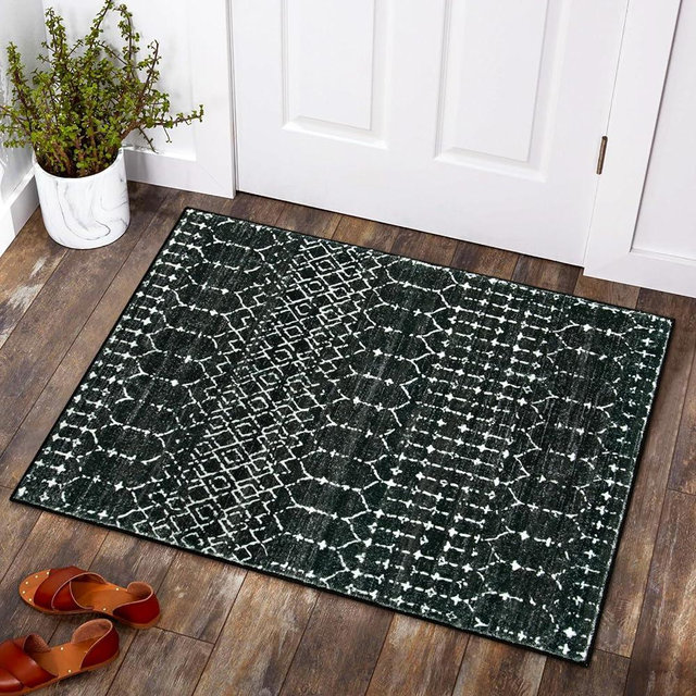 Lahome Moroccan Entry Rug 2x3 Non-Slip Washable Front Door Mat Indoor Rubber Backing Low-Profile Door Rugs Small Black Kitchen Rug Geometric Print Distressed Inside Welcome Mats for Entryway Bathroom