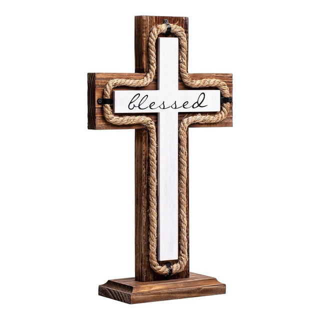 Wall Wooden Cross with Wooden Base Blessed Letter Design Christians Crosses Spiritual Religious Cross Christmas Wall Hanging Handmade Wood Cross Hemp Rope for Church Home Room Décor Wood Crucifix