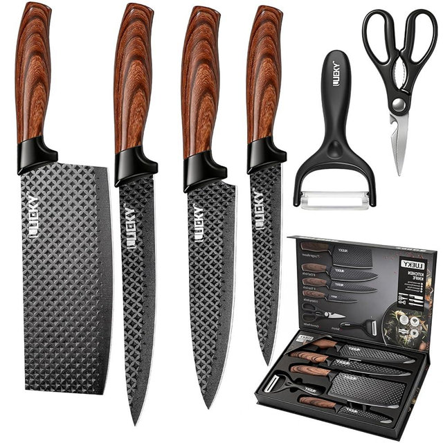 Knife Set, 6 Pieces Kitchen knife Set with Healthy Anti-Rust Coating, Stainless Steel Professional Chef Knife Sets with Elegant Box, Kitchen Knives with Scissors & Peeler for Cooking, Dishwasher Safe