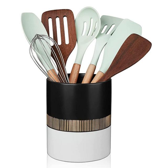Ceramic Utensil Holder,Cooking Utensil Holder for Kitchen Counter,Spoon Spatula Holder for Countertop,Large Kitchen Utensil Organizer Caddy Crock (5.2” x 6.0”)