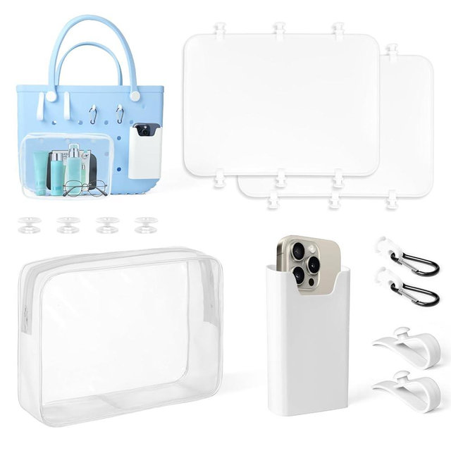 Ouligelonn 8Pcs Organizer Accessories Set Compatible with X-Large Bogg Bag, 2 Divider Panels, Silicone Phone Holder, Clear Zipper Pouch, 2 Hooks, 2 Carabiners, Beach Tote Bag Accessories