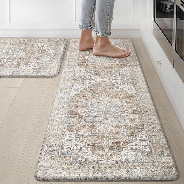 GENIMO Kitchen Mats for Floor, 2PCS Kitchen Rugs Non Slip Washable, Waterproof Anti Fatigue Mat, Comfort Standing Runner Rug for Sink, Office, Laundry, Home, 17.3"x47"+17.3"x30", Blue&Brown