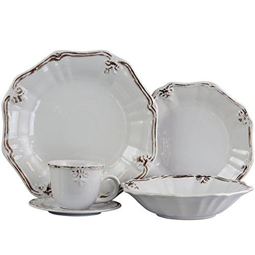 Elama Fleur De LYS Scalloped Round Stoneware Elegant Dinnerware Dish Set, 20 Piece, White