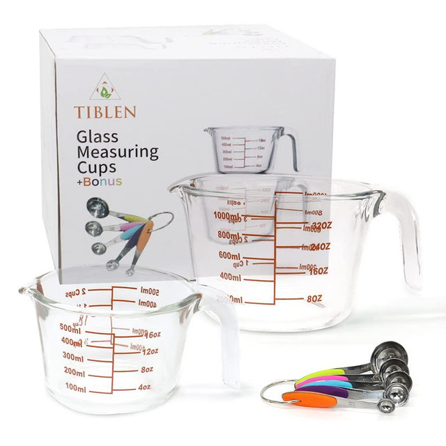 TIBLEN [7-Pack] Glass Measuring Cup Set 34 OZ and 17 OZ Safe for Microwave,Freezer, BPA Free + 5 Measuring Spoons