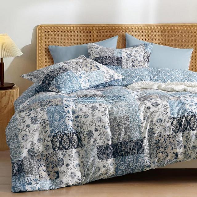 PHF Ultra Soft Floral Duvet Cover King Size, Printed boho Bedding Set 3 Pieces, Comfy Farmhouse Reversible Paisley Pattern Duvet Cover Set with 2 Pillow Shams, Zipper Closure and 8 Ties, 104"x90",Blue
