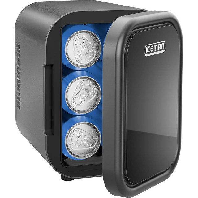 Iceman Portable Mini Fridge – Fits 6 x 12 oz Cans, Cooler and Heater Mini Fridge for Bedroom, Car, Office, Dorm and Skincare, AC/DC Car Plug-Compatible - Black