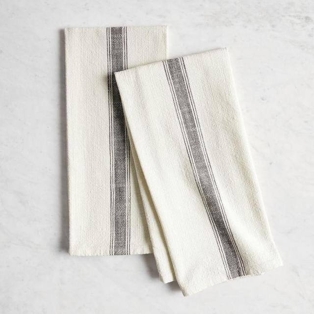 French Striped Organic Cotton Grain Sack Tea Towels, Set of 2 - Charcoal/Flax