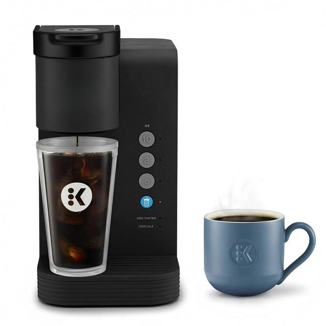 K -Express Essentials Plus Iced & Hot Single Serve Brewer, Adjustable Temp Brew Over Ice, Pods Compatible, Coffee Maker (Black)