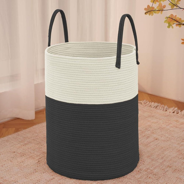 JMvicyroam Large Woven Laundry Basket Hamper,100L Cotton Rope Storage Bin for Blankets,Toys and Clothes,Decorative Tall Nursery Hamper for Living Room,Baby Nursery,Bathroom and Bedroom,White and Black