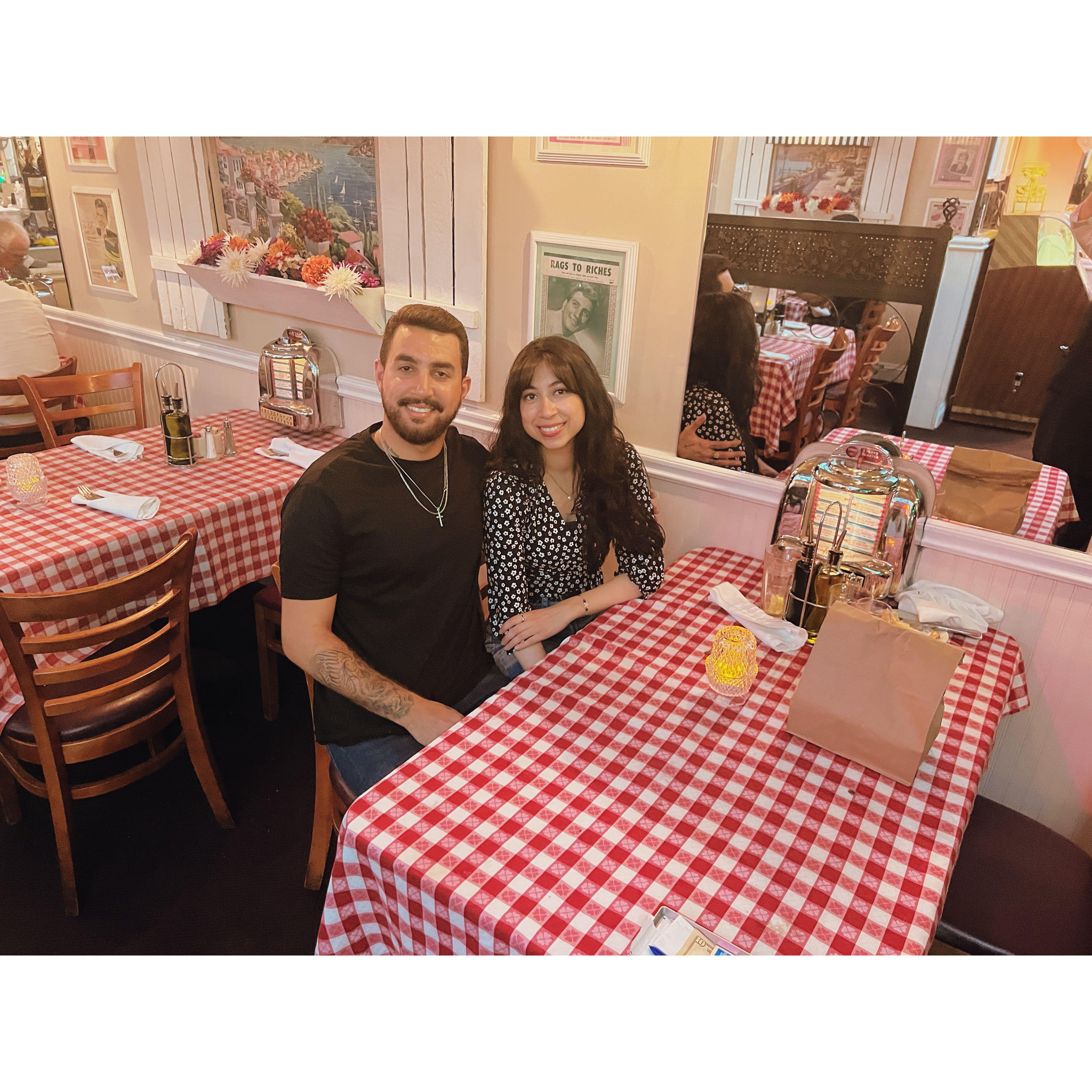 Eating at our favorite Italian restaurant in Millbrae.