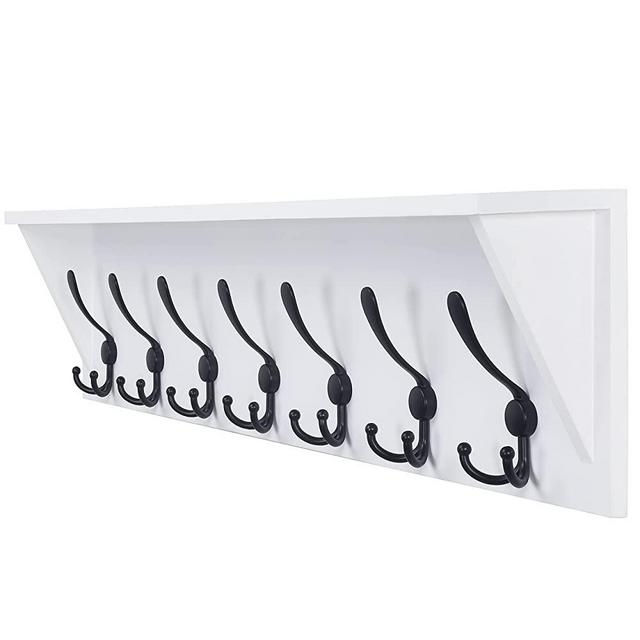 Coat Rack Wall Mounted Shelf with 7 Tri Hooks - Dseap 35” Heavy Duty Wood Entryway Shelf with Hooks, Coat Hanger Shelf, White