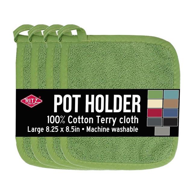 RITZ Terry Potholder & Hot Pad: Heat Resistant, Durable 100% Cotton – Ergonomically Designed for Optimal Grip, Easy-Care Machine Washable, Perfect for Your Kitchen – Cactus Green, 4-Pack
