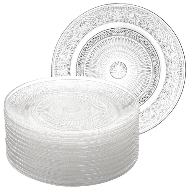Frcctre 12 Pack Glass Salad Plates, 7 Inches Glass Fruit Dessert Plates, Clear Glass Appetizer Dinnerware Set with Beautiful Carved Pattern, Dishwasher Safe