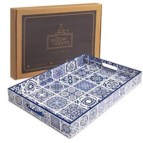 Large Decorative Serving Tray for Coffee Table, Moroccan Navy Blue Tray,Ottoman Tray home decor, Wooden Trays with Handles, Coffee Table Tray, Wood Tray for Coffee Table. Ideal for Home & Entertaining