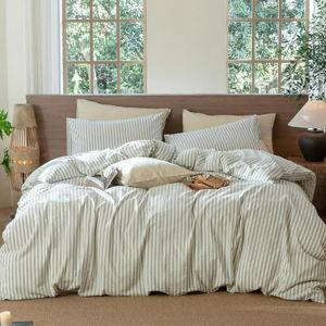 MooMee Striped Duvet Cover Set 100% Washed Cotton Linen Like Textured Breathable Durable Soft Comfy (Sage Green White Classic Stripes, Queen 90"x90")