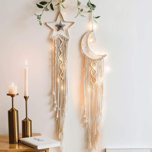 Dreamcatcher Star Moon Lighted Boho Dream Catcher Dream Catchers for Adults Dream Catcher Nursery Decor Dream Catchers Moon Room Decor Home Decor Gifts for Women Gifts for Girls 2pcs