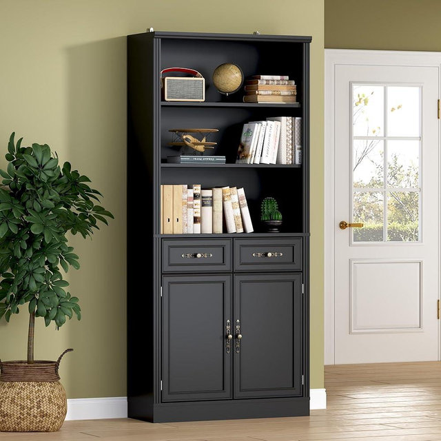 BORNOON 71.4" Tall Bookshelf with Drawers & Cabinet, 5-Tier Floor Standing Bookcase with Storage Doors, Adjustable Shelves & Metal Handles, 31.5" Wide Organizer for Home Office, Living Room