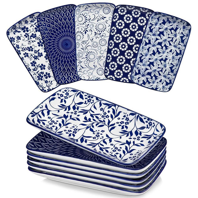 vancasso Selene 9.5 Inch Rectangular Dinner Plates Set of 6, Ceramic Salad Plates for Dessert, Appetizer, Porcelain Serving Platters for Entertaining, Microwave & Oven Safe, Vintage Blue & White Color