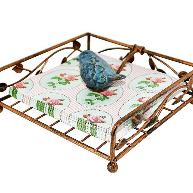 OwlGift Collection Bronze Coated Metal Flat Napkin Holder Dispensing Stand w/Ceramic Bird, Kitchen and Countertop Flat Napkin Storage Organizer
