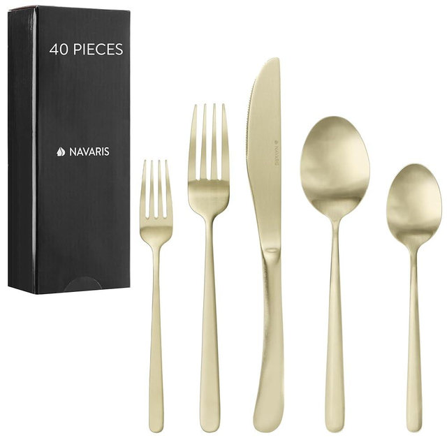 Navaris Silverware Set - 40-Piece 18/0 Stainless Steel Kitchen Cutlery Sets with Satin Champagne Finish - Versatile Dinner Knives and Forks and Spoons Dinner Set for 8 People