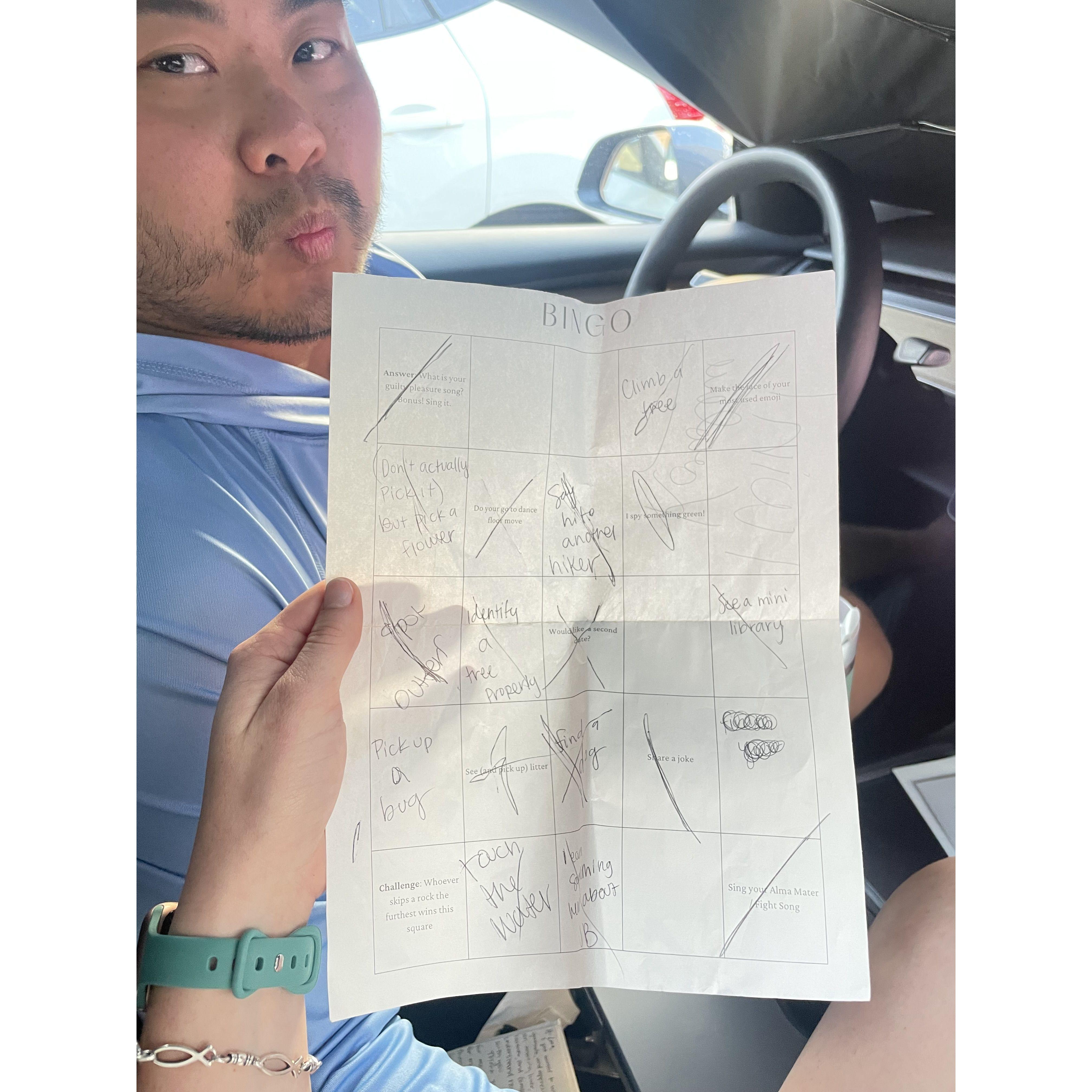 JB created a bingo card for the hike we went on for our first date. Karoline happened to find the bingo card the day before JB proposed!
