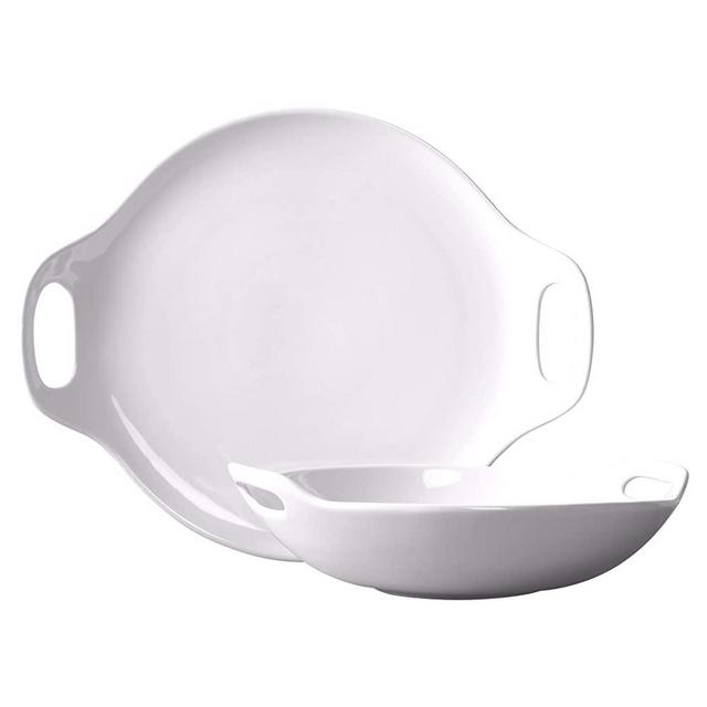 Tabletops Gallery White Durable Stoneware Serving Dishes Platter and Sets with Handles, Pasta Bowls Set of 2