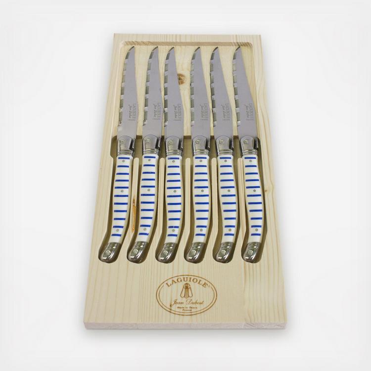 Jean Dubost 6 Steak Knives with Black handles in Clasp Box
