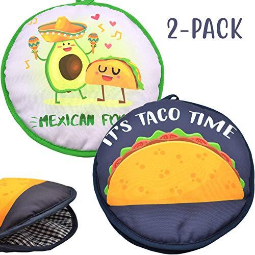 Microwaveable X-Large Tortilla Warmer Pouch 2 Pack - 2 Fun Designs"Taco Time" &"Mexican Food" to make taco night special. 12 Inch in Diameter Microwave Corn or Flour Tortillas, Pizza, Naan Bread
