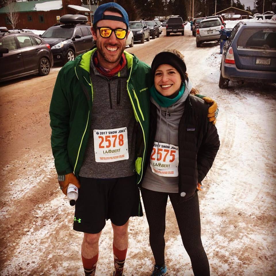 Post February Snow Joke half marathon in Seeley Lake, Montana. Mike learned that stretching is actually beneficial after all.